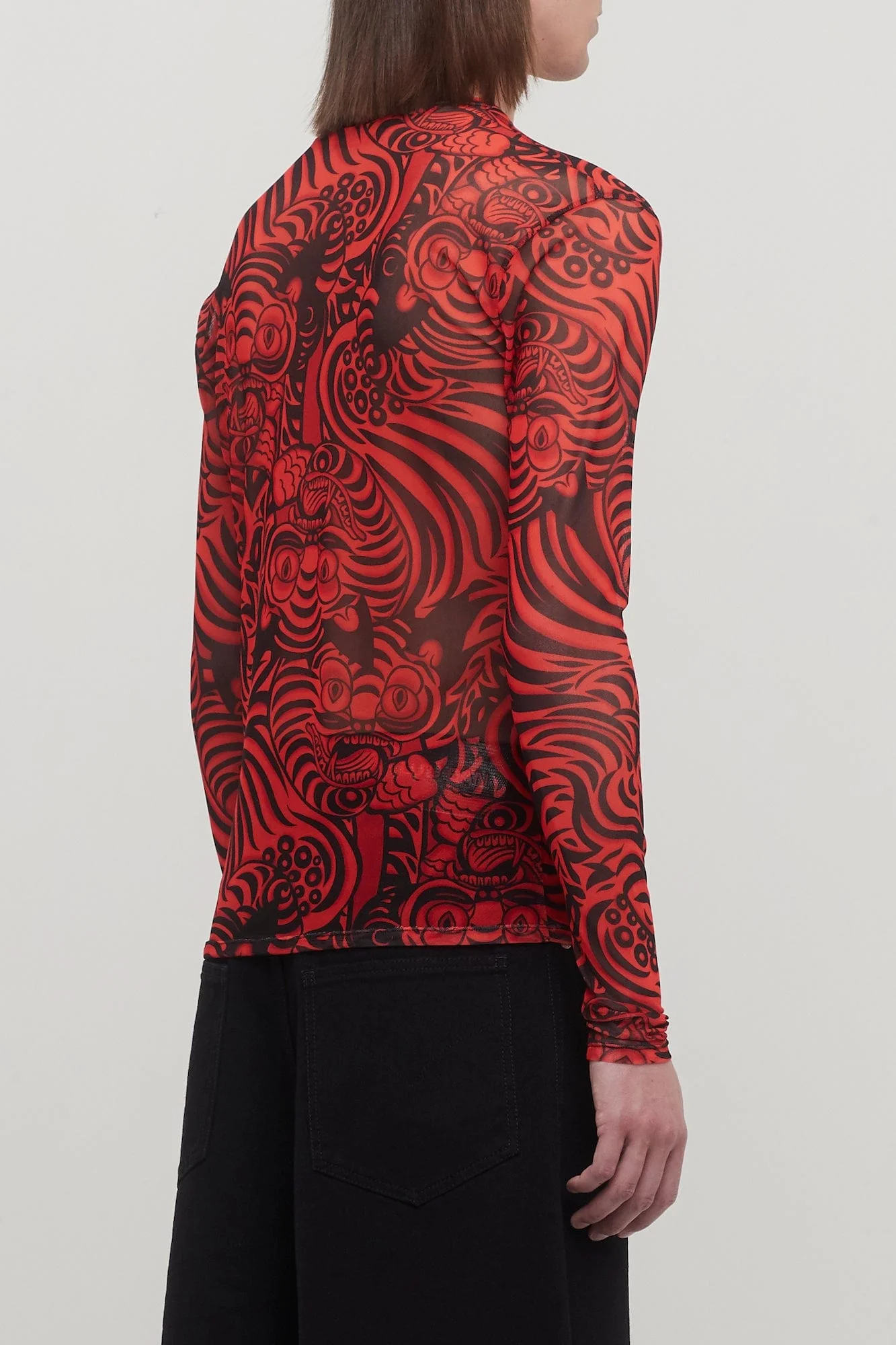 Lu'u Dan Kamikaze Print Mesh Long Sleeve Top in Red - Image 3