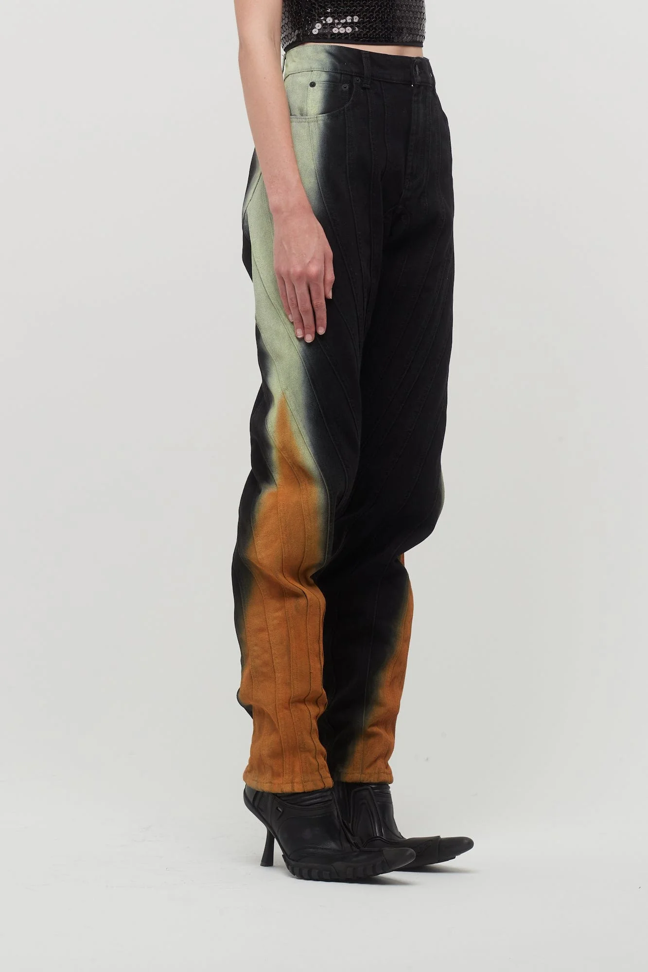 Mugler Denim Spray Trousers in Black Orange Pistachio Degrade - Image 2