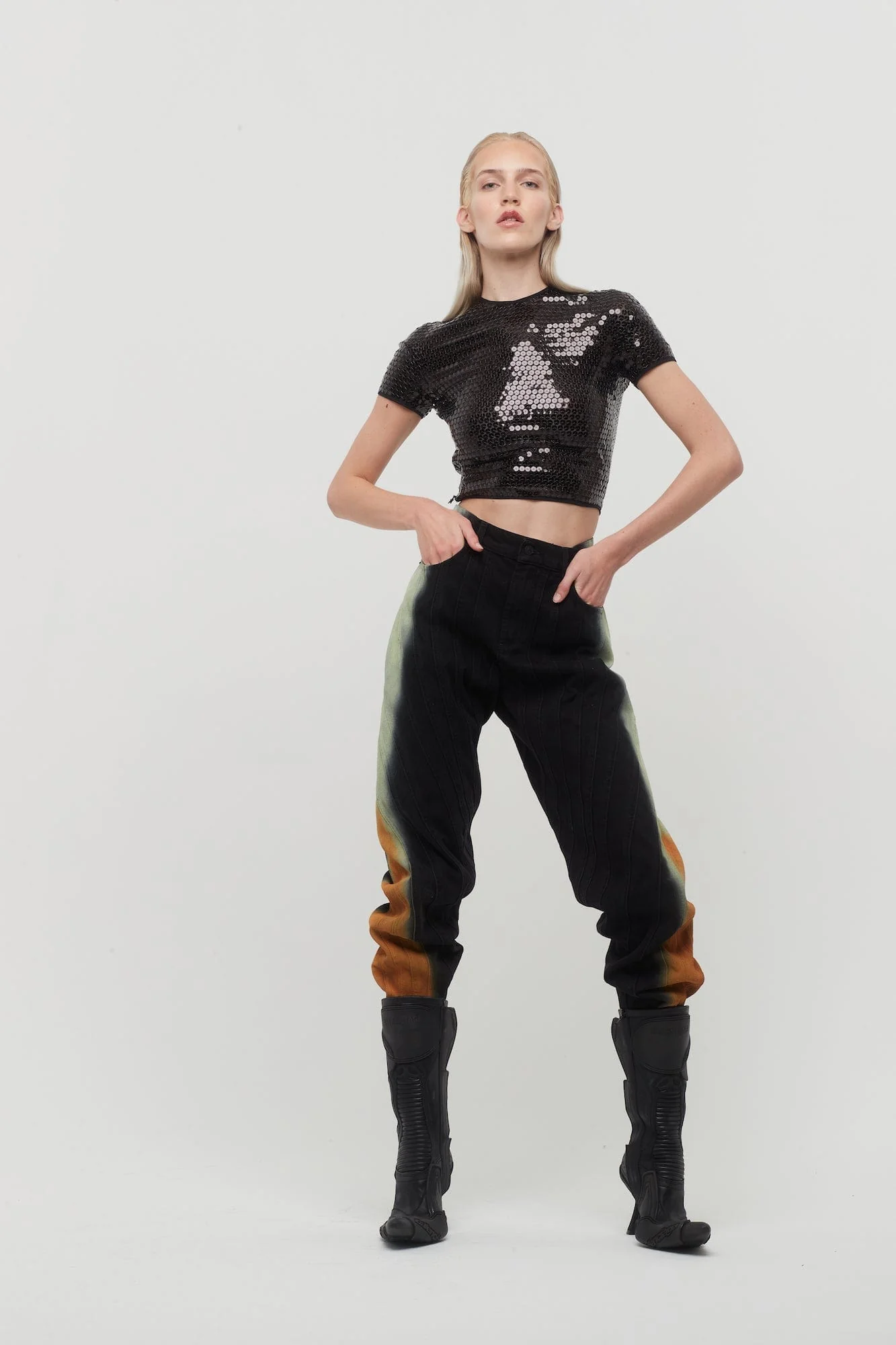 Mugler Denim Spray Trousers in Black Orange Pistachio Degrade - Image 3