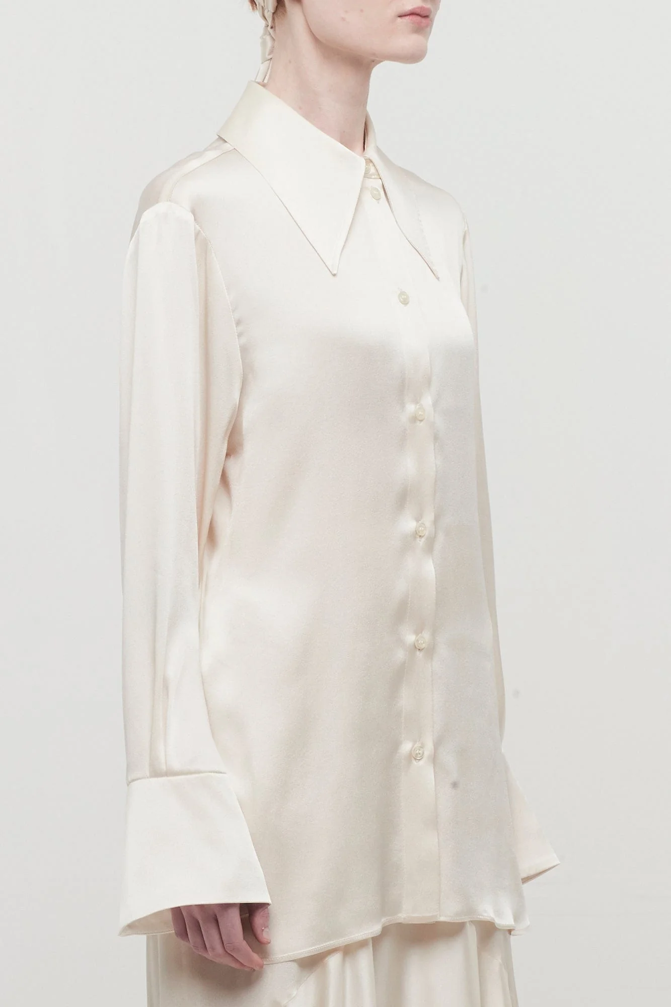 Nina Ricci 70s Light Satin Shirt with Bell Cuffs in Champagne - Image 2