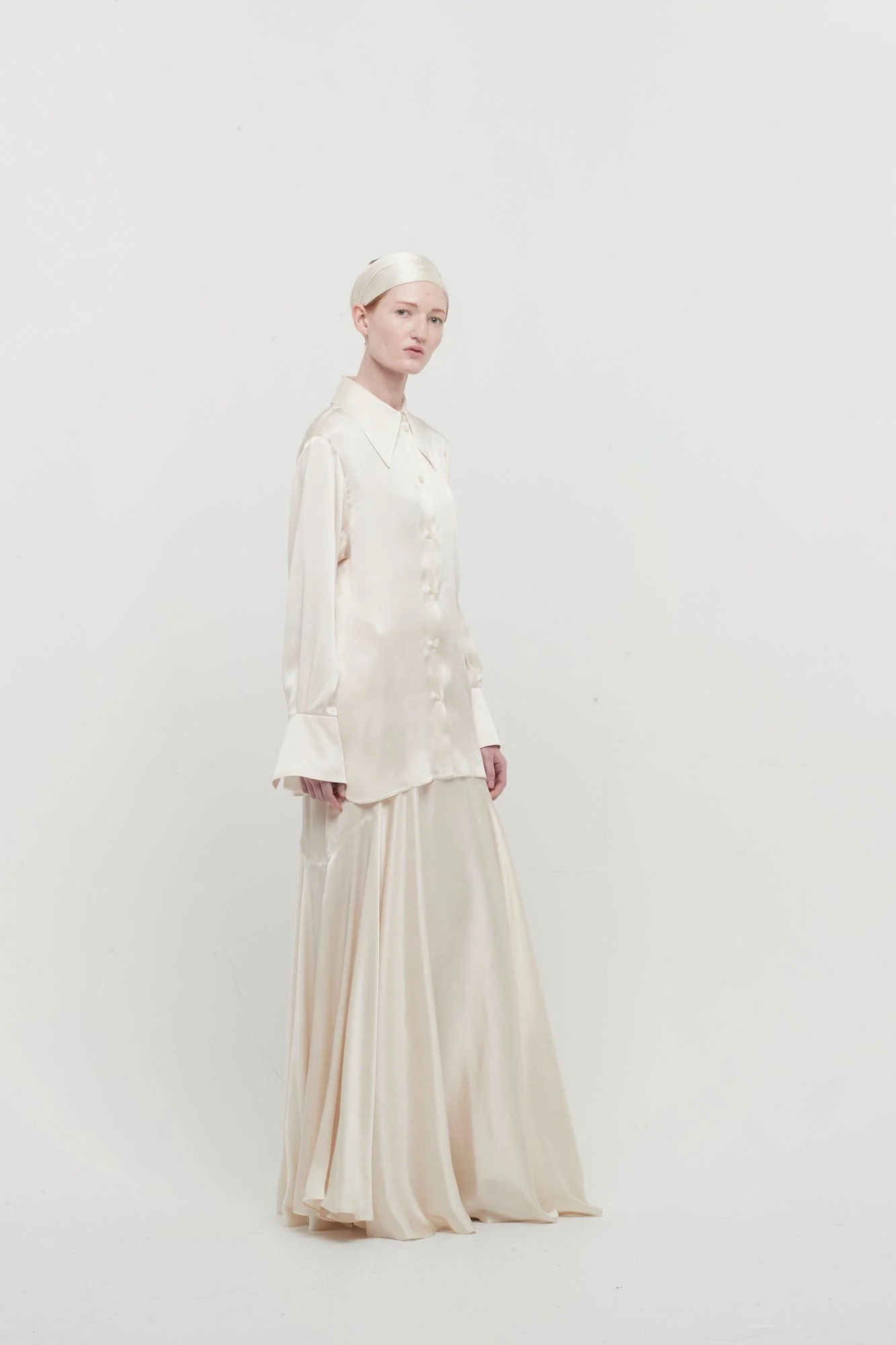 Nina Ricci 70s Light Satin Shirt with Bell Cuffs in Champagne - Image 4
