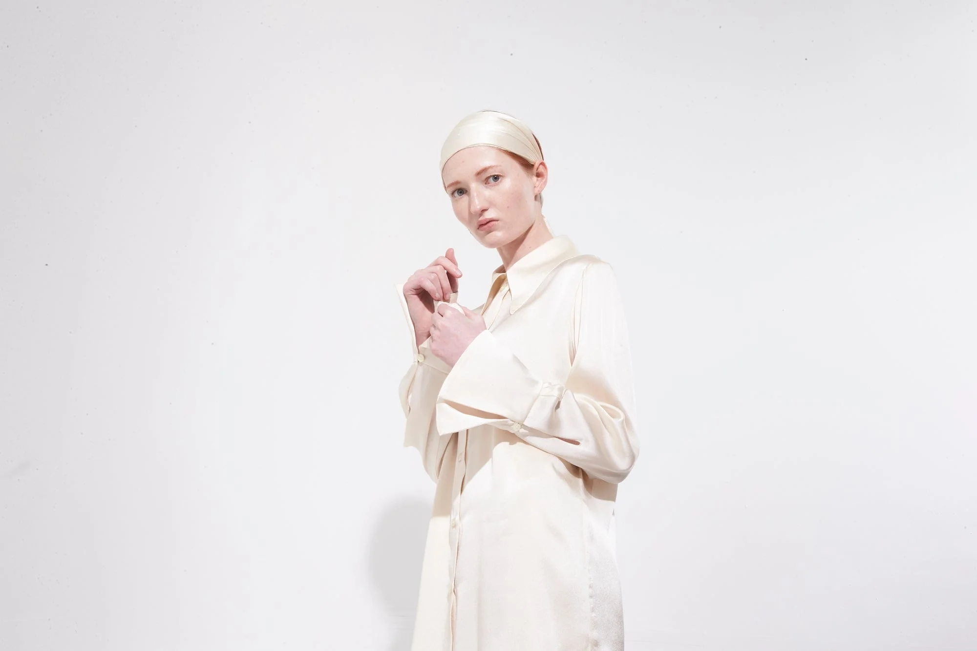 Nina Ricci 70s Light Satin Shirt with Bell Cuffs in Champagne - Image 5