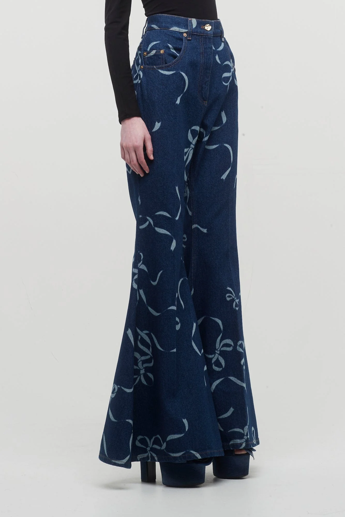 Nina Ricci Laser Bow-Print Denim Flare Pants - Image 2