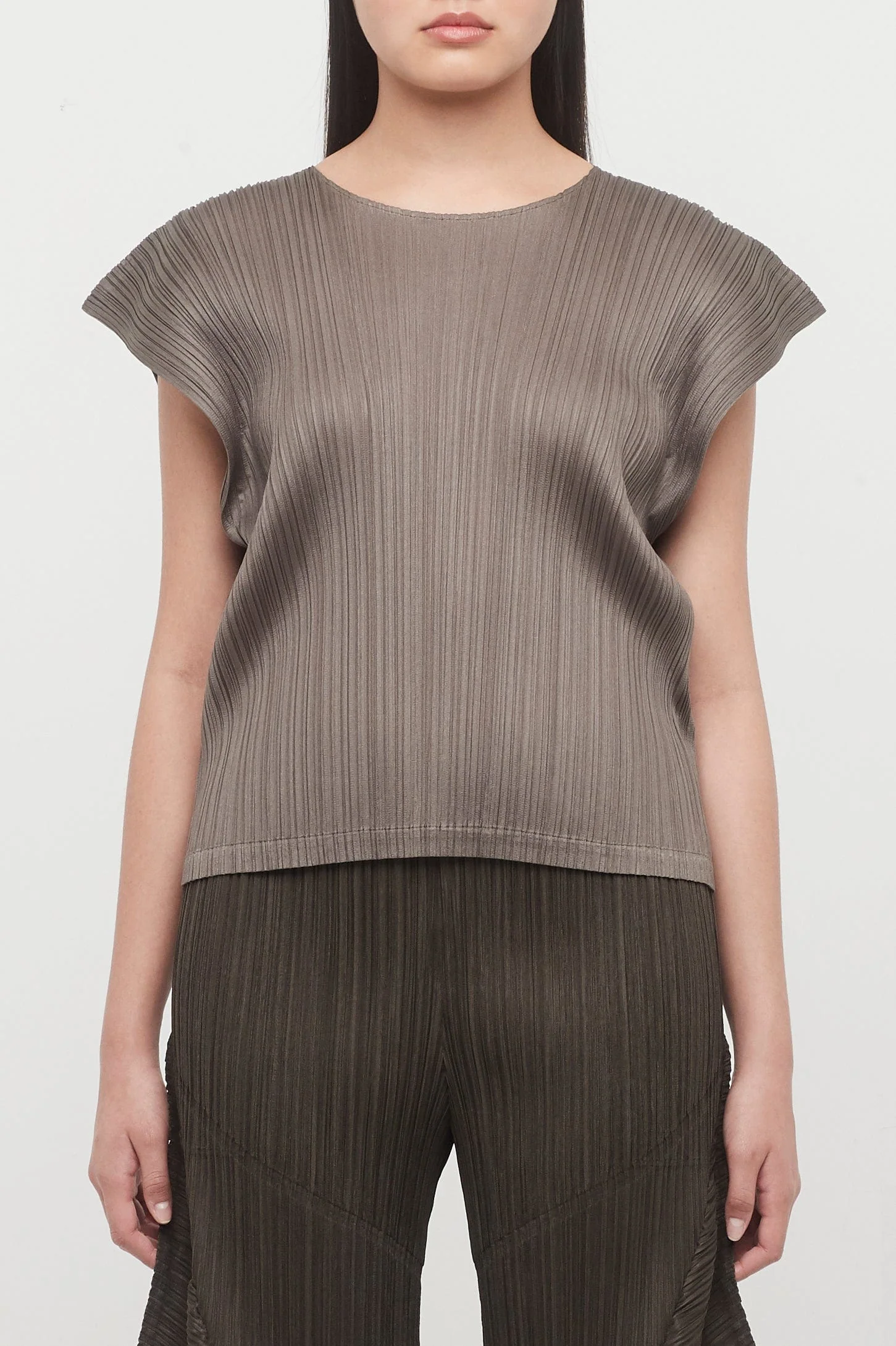 Pleats Please Issey Miyake March Cap Sleeve Top in Khaki