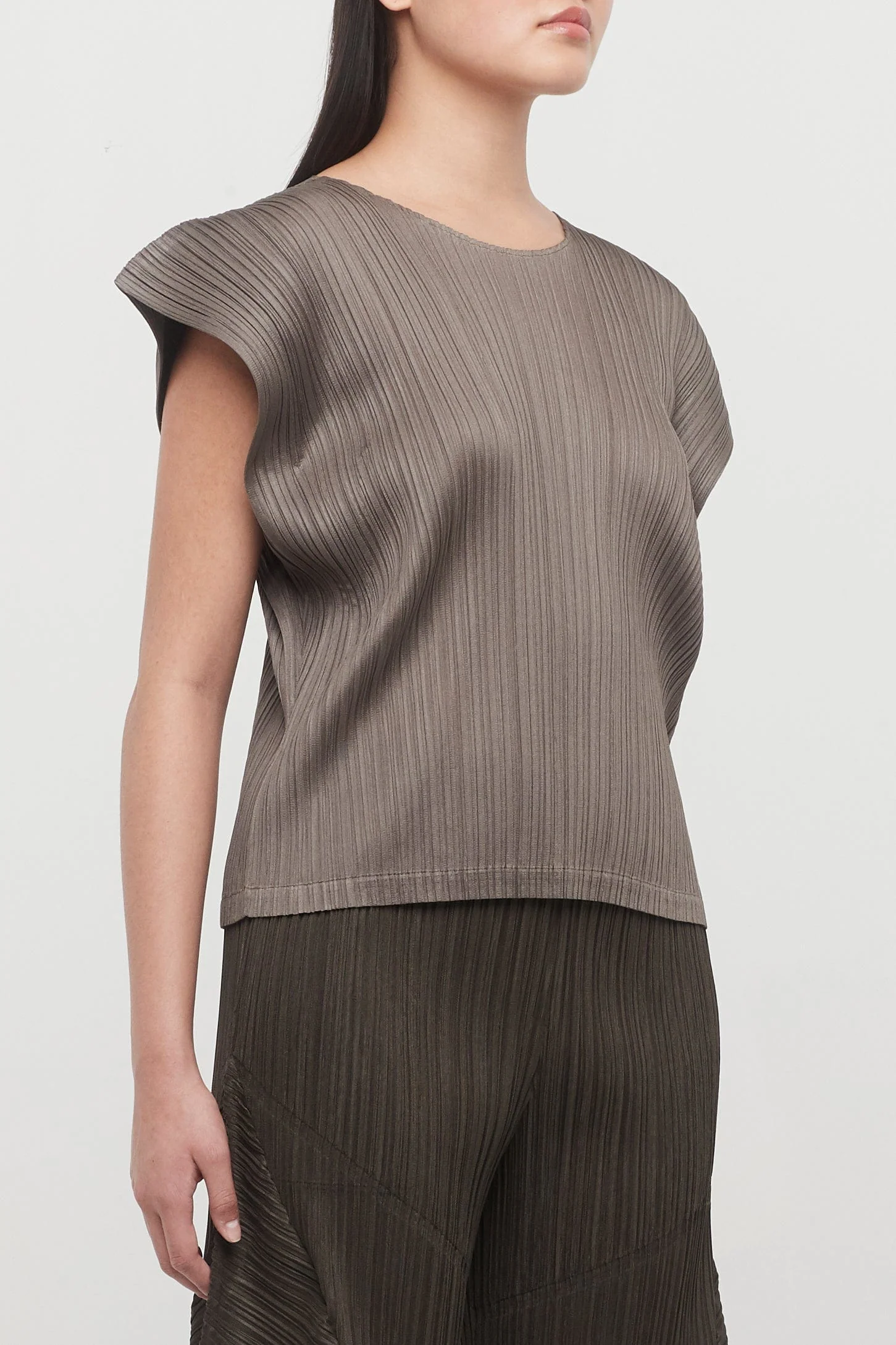 Pleats Please Issey Miyake March Cap Sleeve Top in Khaki - Image 2