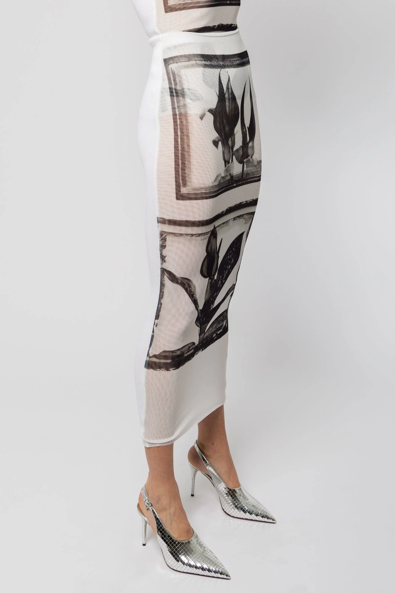Jean Paul Gaultier Flowers Cadres Printed Mesh Long Skirt with Knitted Back SS25 - Image 2