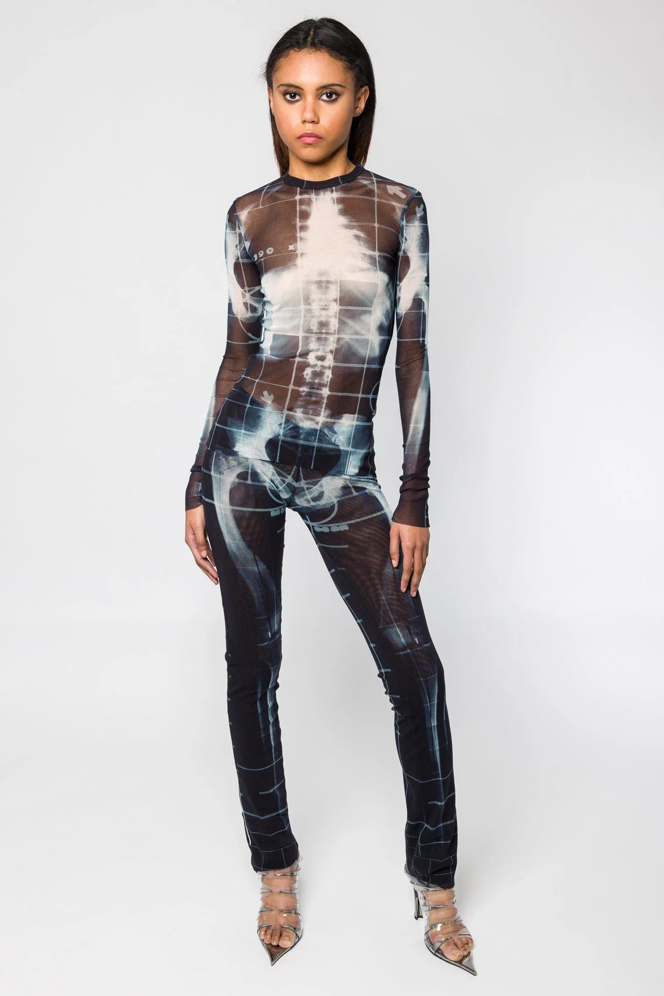 Jean Paul Gaultier Squeletor Printed Mesh Crew Neck Long Sleeves Top SS25 - Image 4