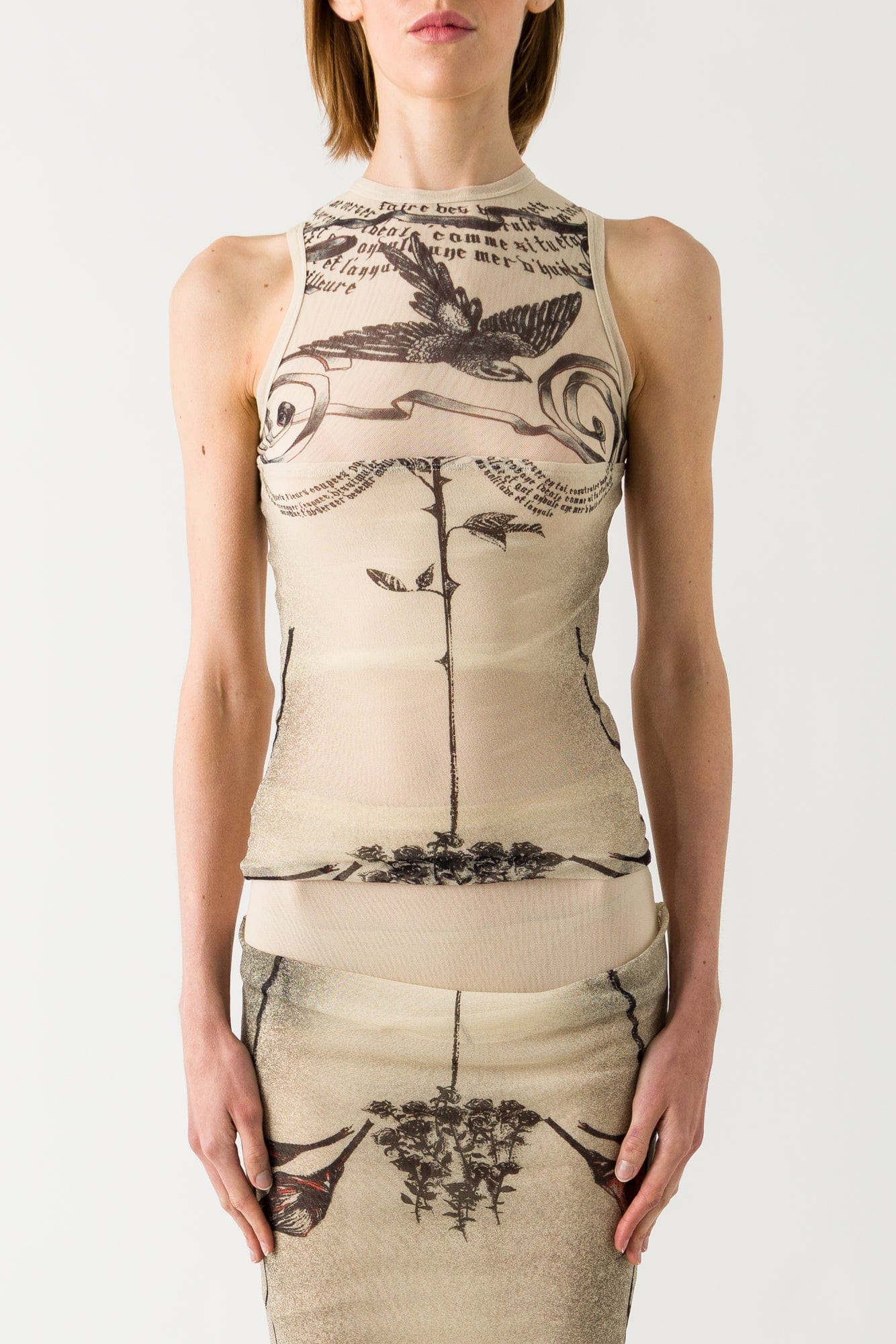 Jean Paul Gaultier Tattoo Rose and Bird Double Layer Tank