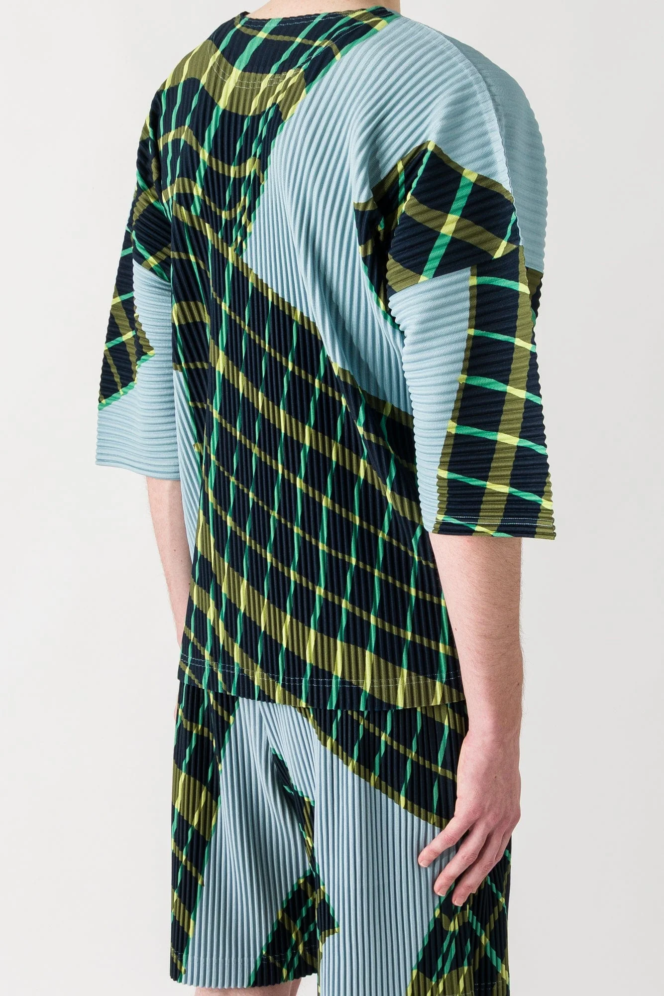 Homme Plissé Issey Miyake Windswept Plaid Shirt in Blue Gray SS25 - Image 3