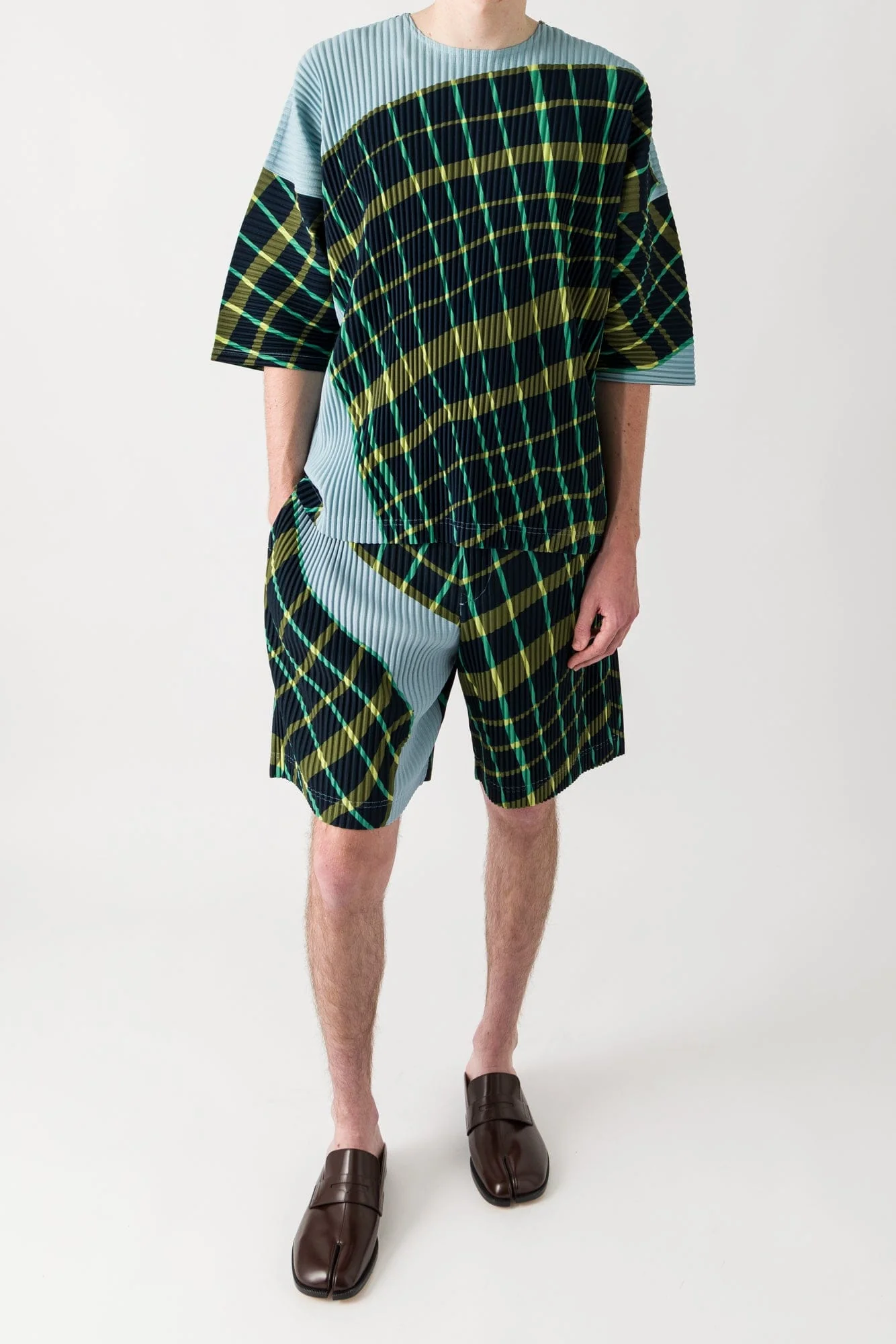 Homme Plissé Issey Miyake Windswept Plaid Shirt in Blue Gray SS25 - Image 4