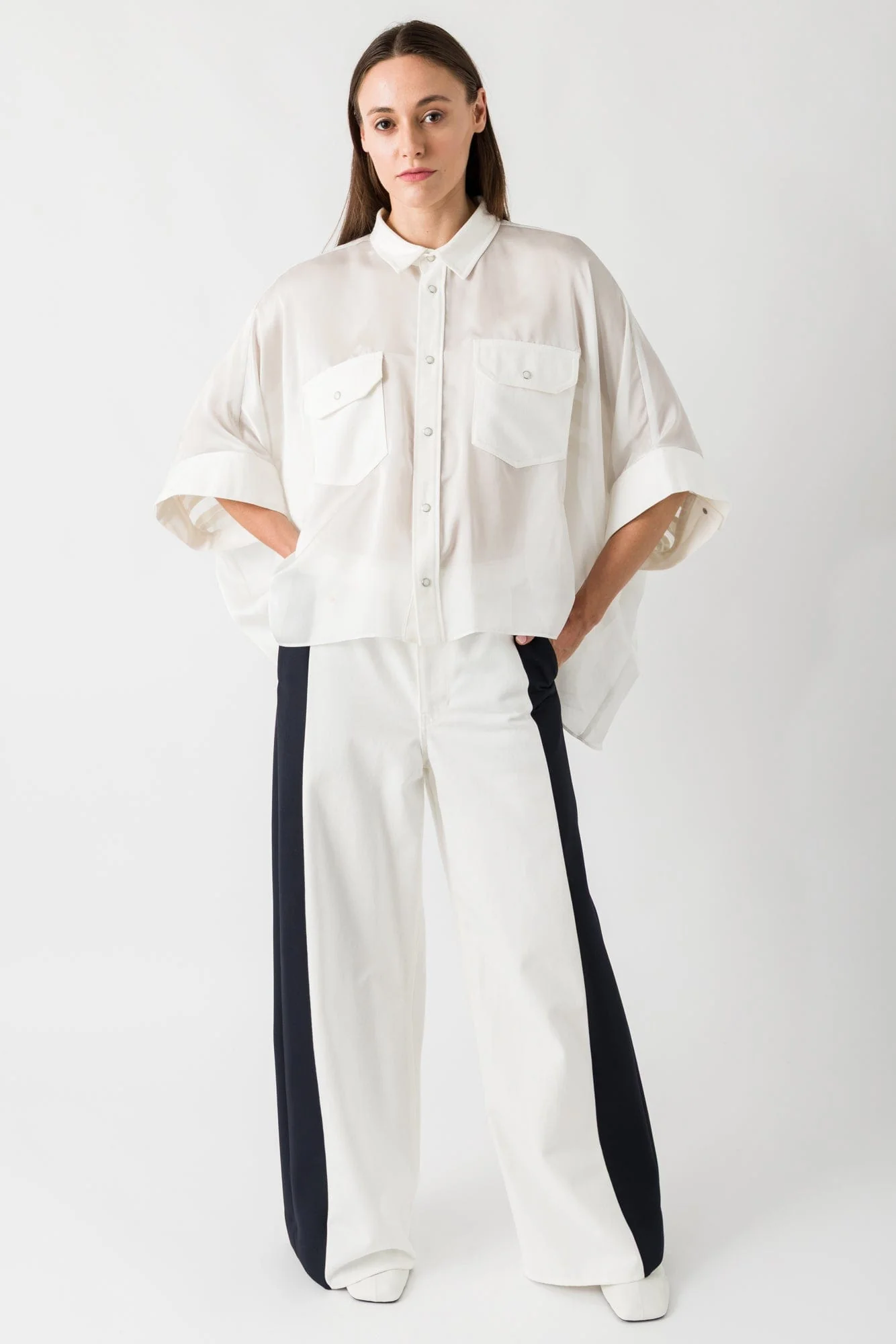 Sacai Denim Print Shirt in Off White - Image 4