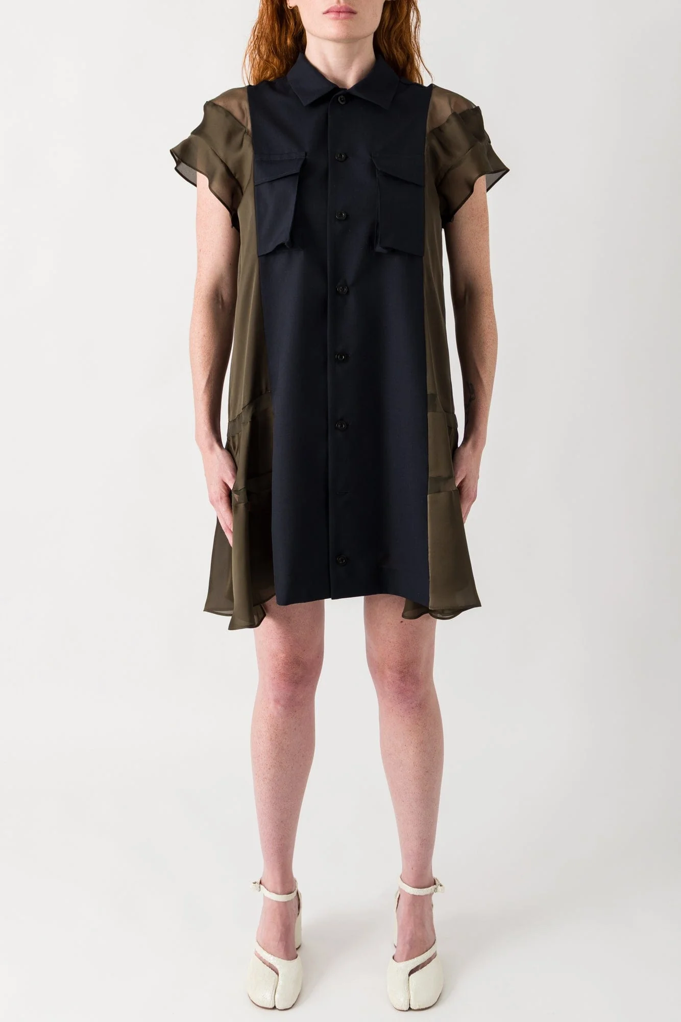 Sacai Suiting x Satin Dress in Navy and Khaki