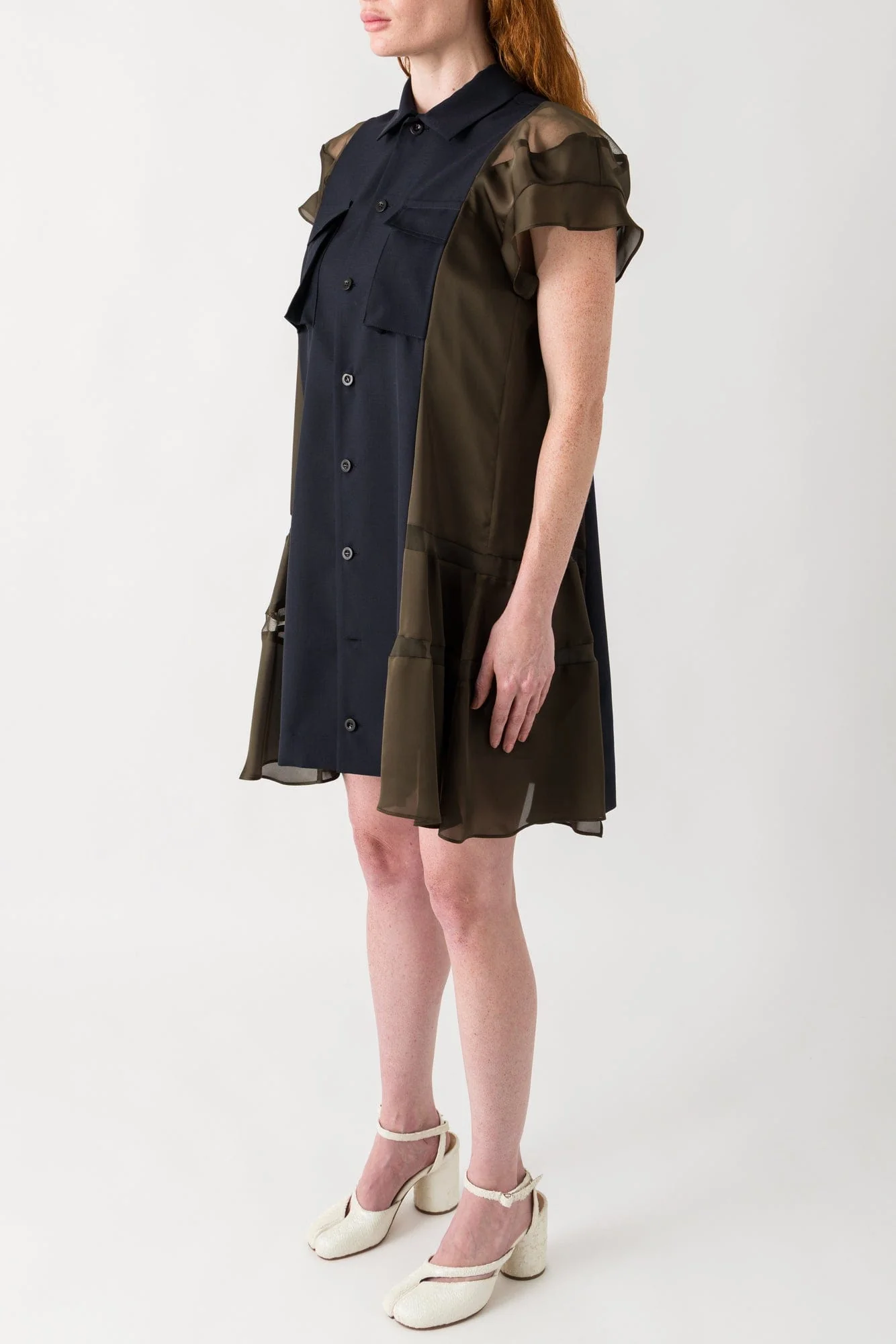 Sacai Suiting x Satin Dress in Navy and Khaki - Image 2