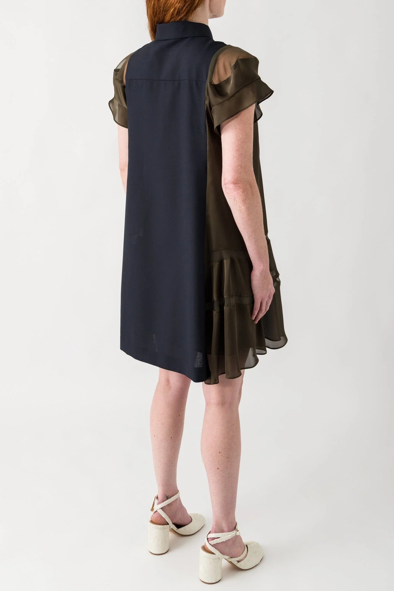 Sacai Suiting x Satin Dress in Navy and Khaki - Image 3