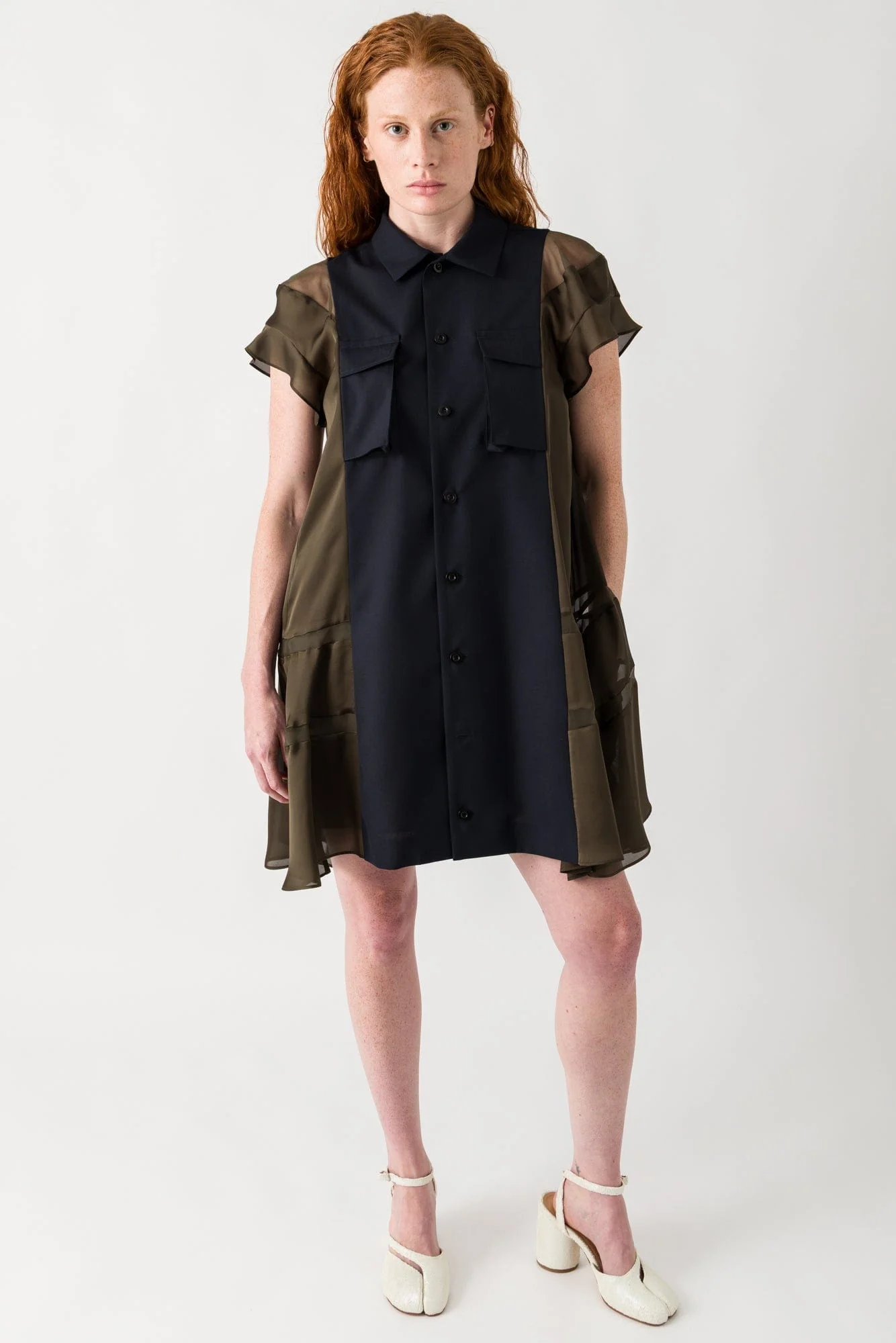 Sacai Suiting x Satin Dress in Navy and Khaki - Image 4