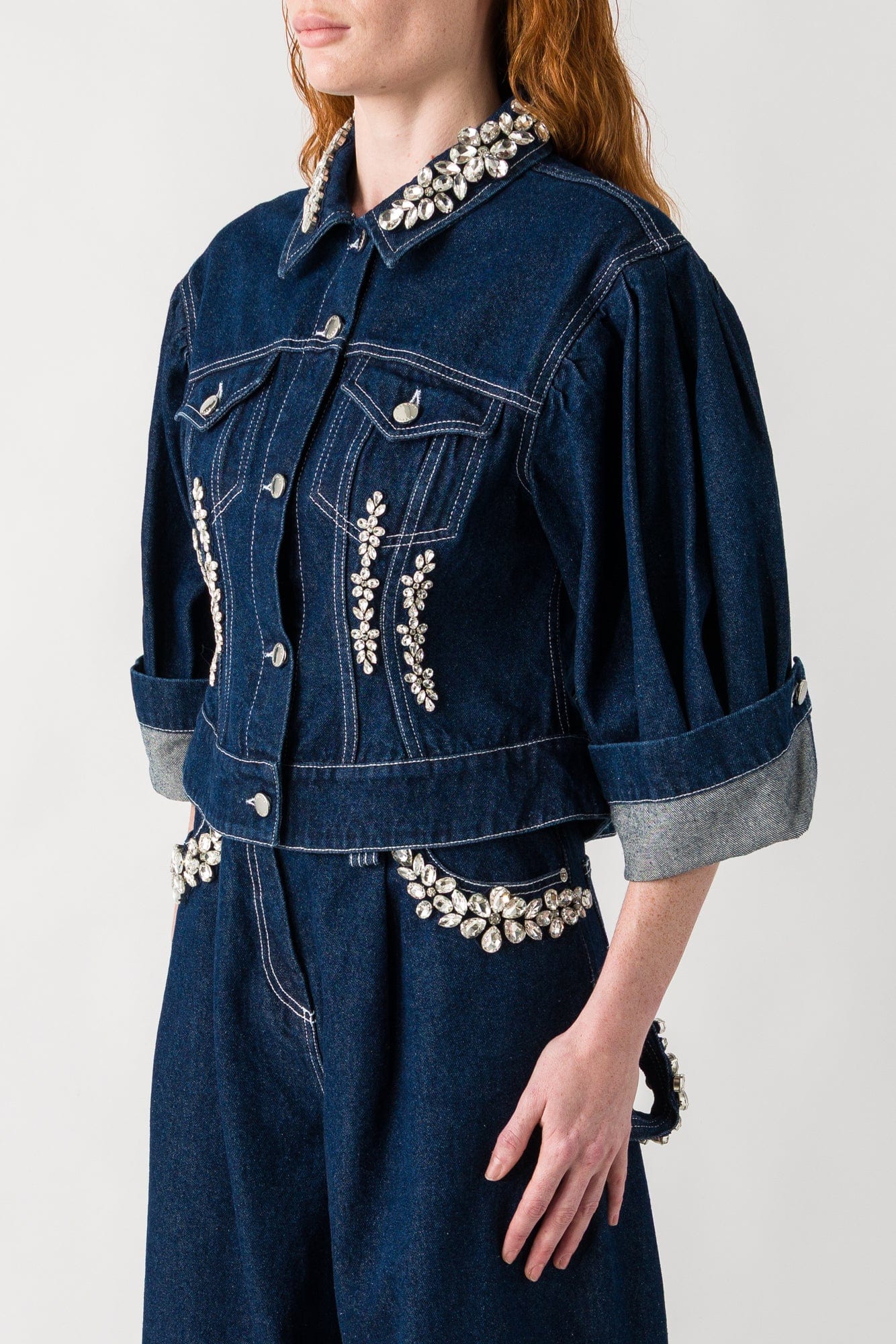 Simone Rocha Sculpted Cropped Denim Jacket with Embroidery - Image 2