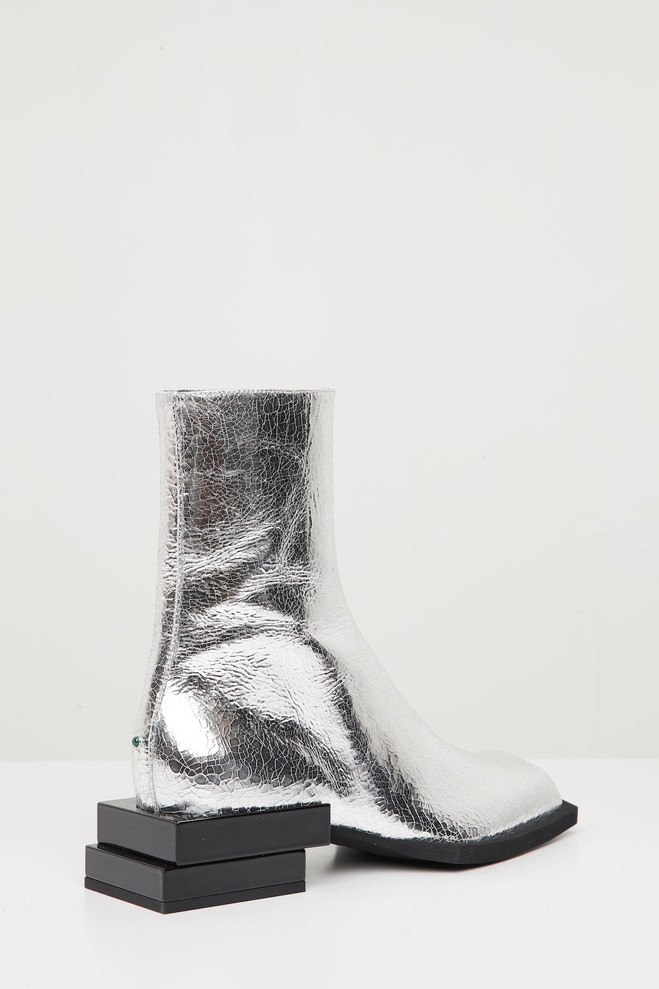 Steven Ma Stacked Heel Boots in Silver Cracked Foil - Image 5