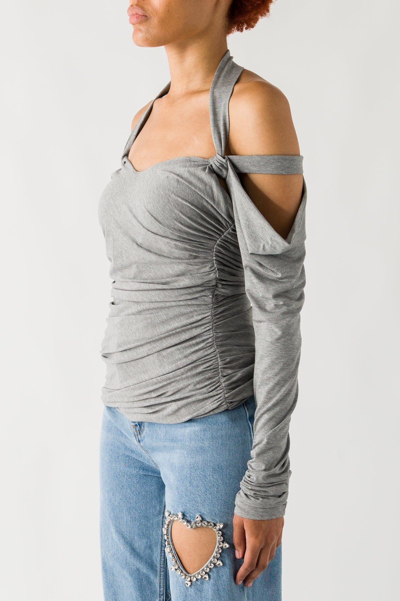 The Attico Long Sleeve Shoulder Cut Out Top In Melange Grey - Image 2