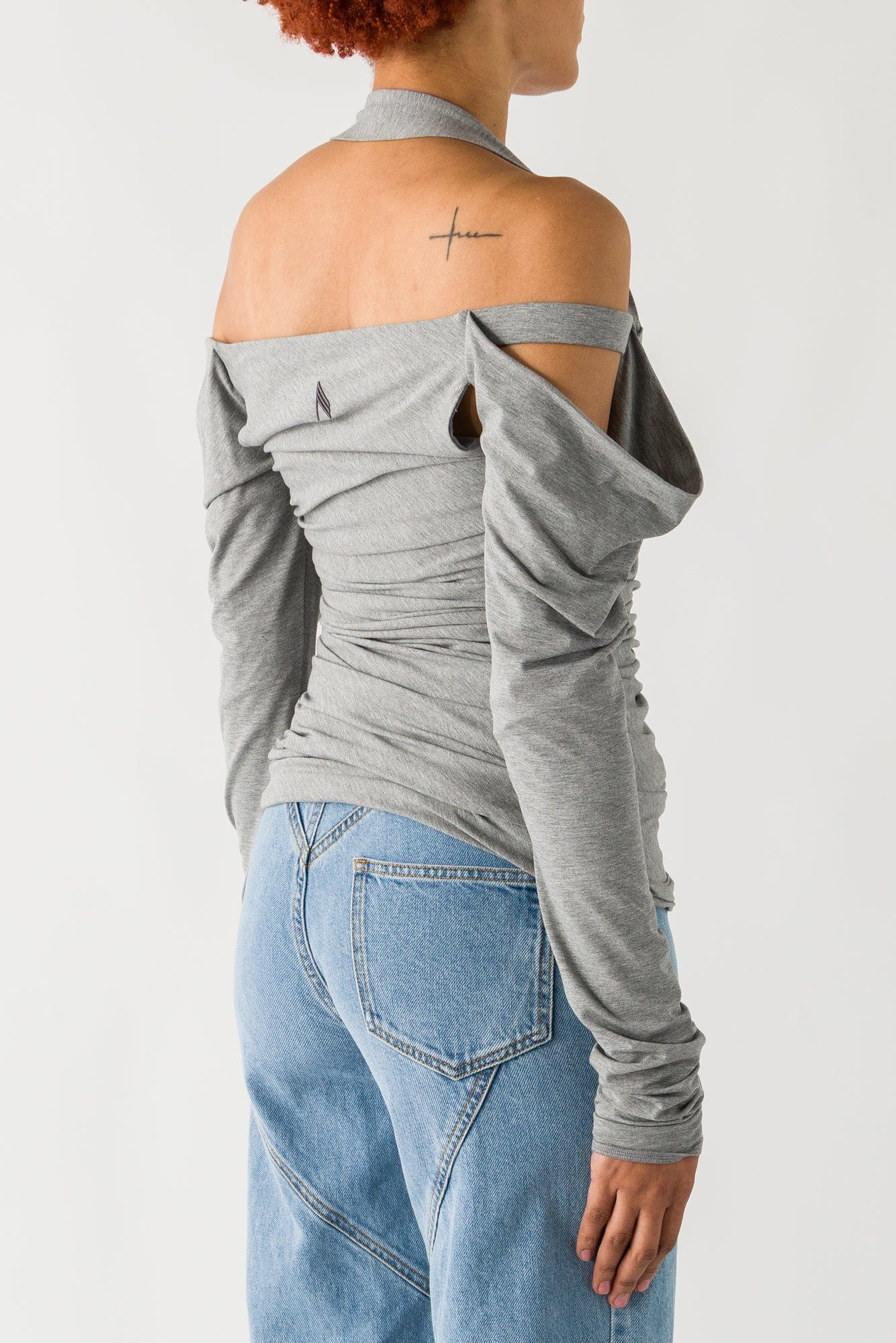The Attico Long Sleeve Shoulder Cut Out Top In Melange Grey - Image 3