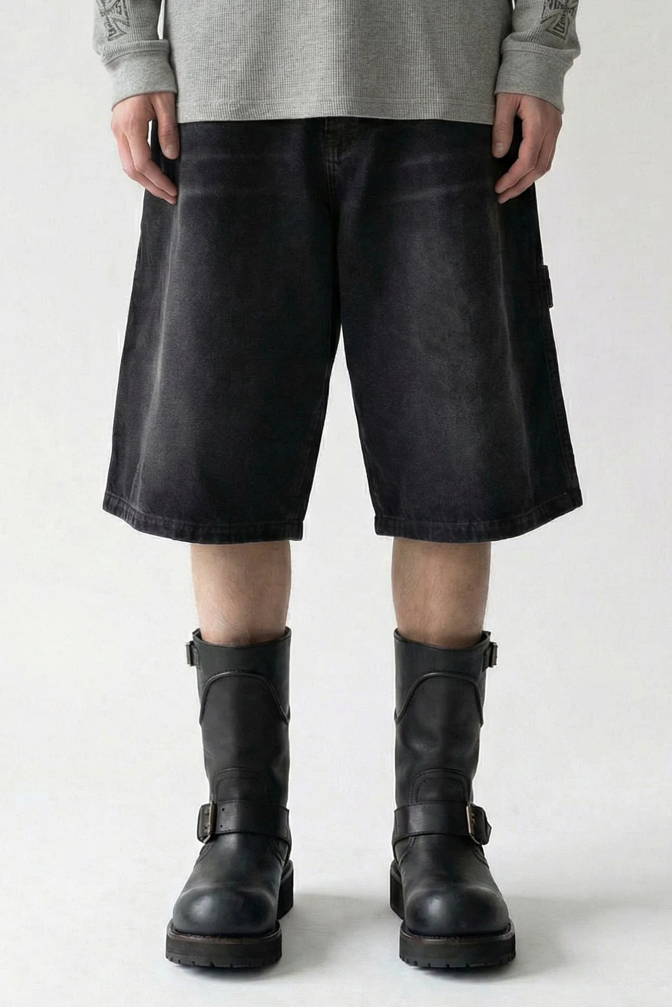 Vetements Aplique Biker Cross Hip-Hop Denim Short in Washed Black